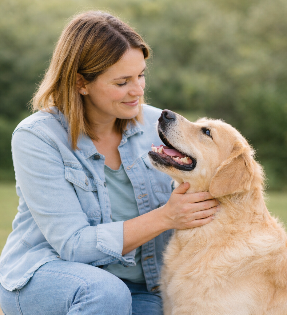 Frau streichelt einen Golden Retriever und schaut ihn liebevoll an, Vertrauen aufbauen im Hundetraining